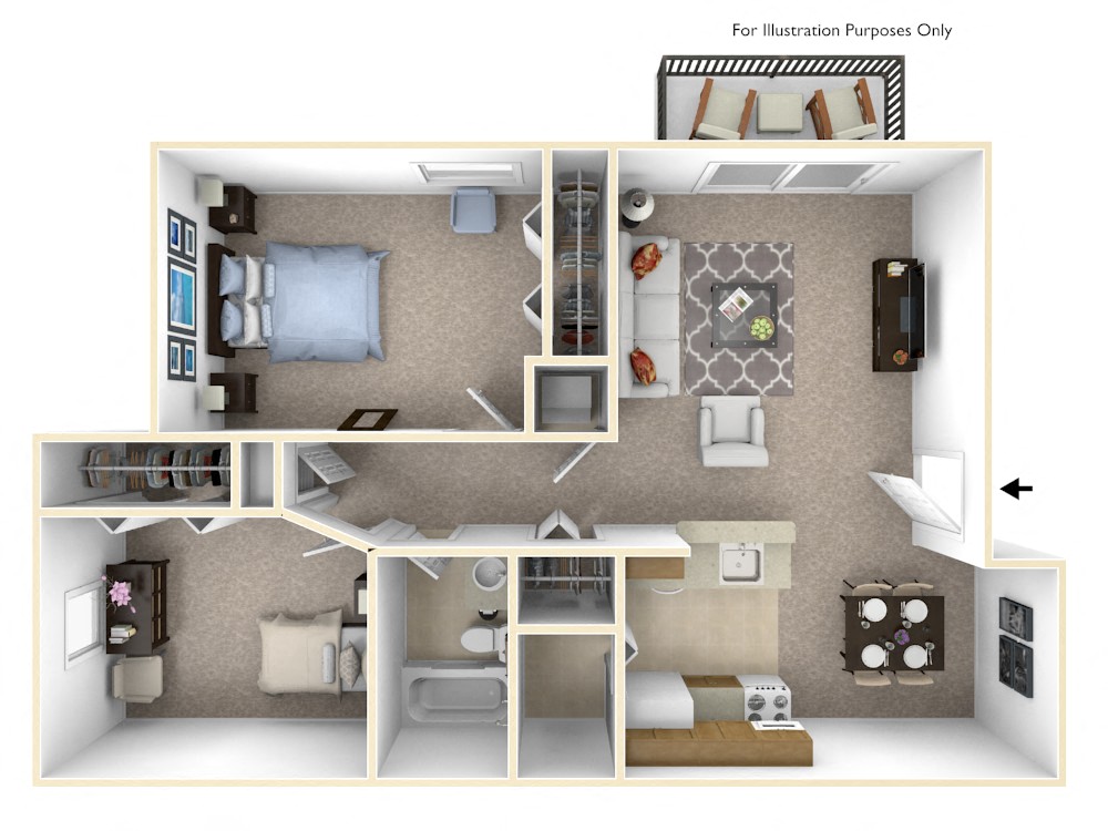 Floor plan for 2 beds, 1 bath, 730 sqft